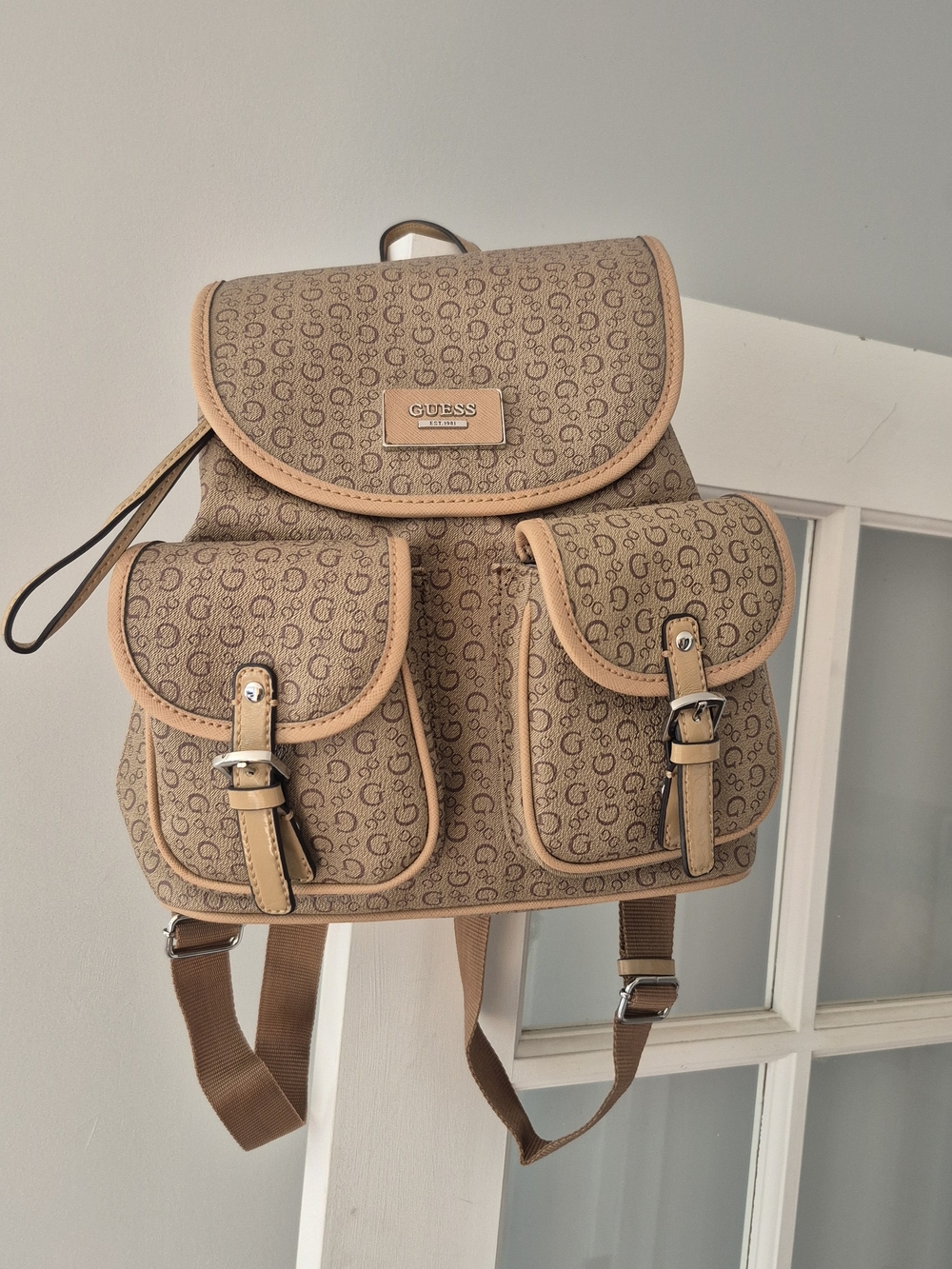 GUESS Vintage Classic Monogram Logo Drawstring Backpack Flawless